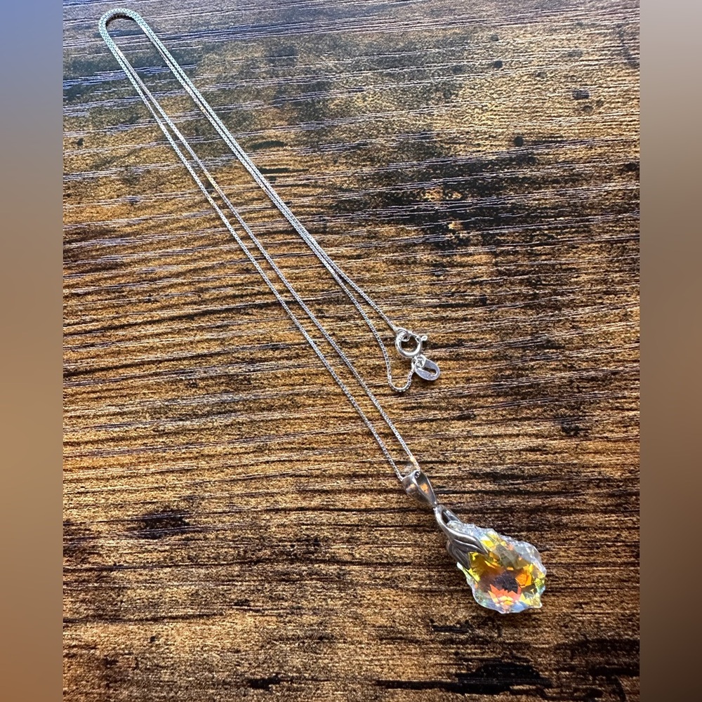 Handmade Austrian Crystal Aurora Borealis Pendant Sterling Silver Chain Necklace - Picture 3 of 11